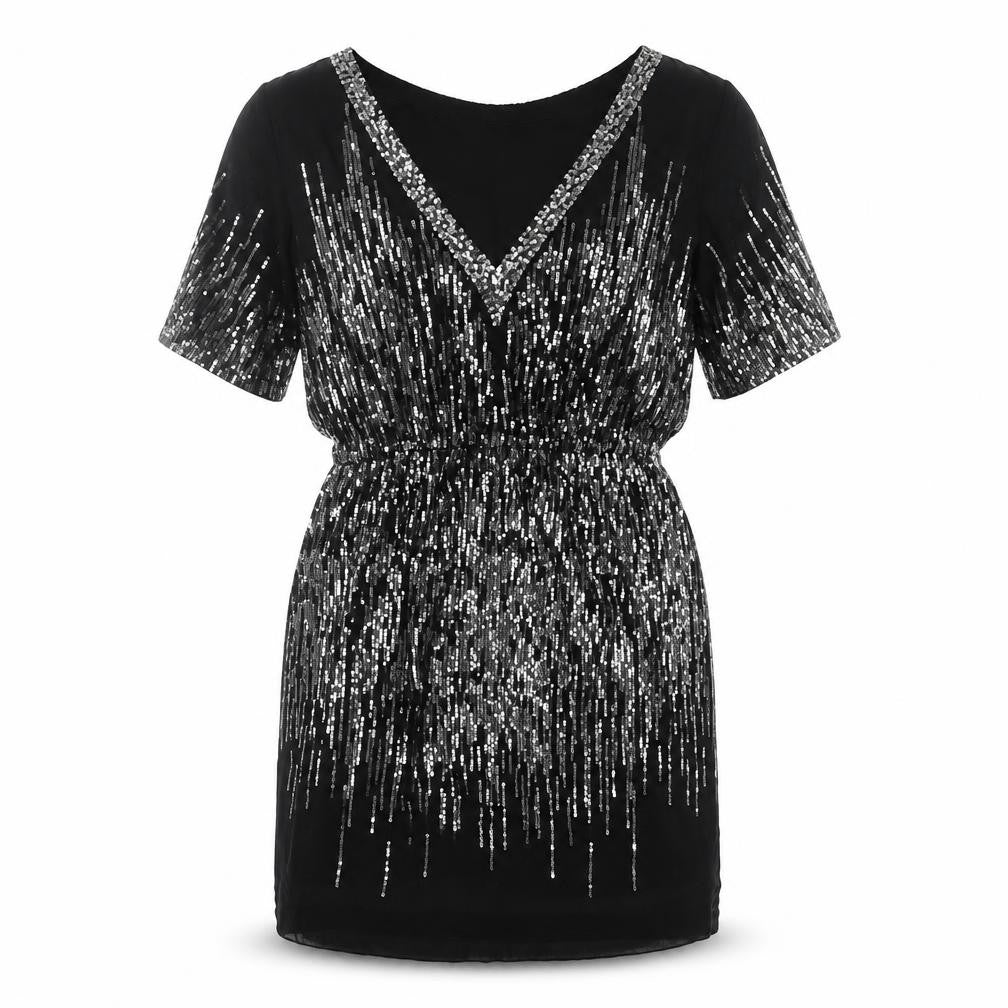 Warehouse Womens Black Polyester Shift Size 12 V-Neck Pullover - Sequin