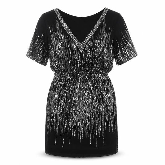 Warehouse Womens Black Polyester Shift Size 12 V-Neck Pullover - Sequin
