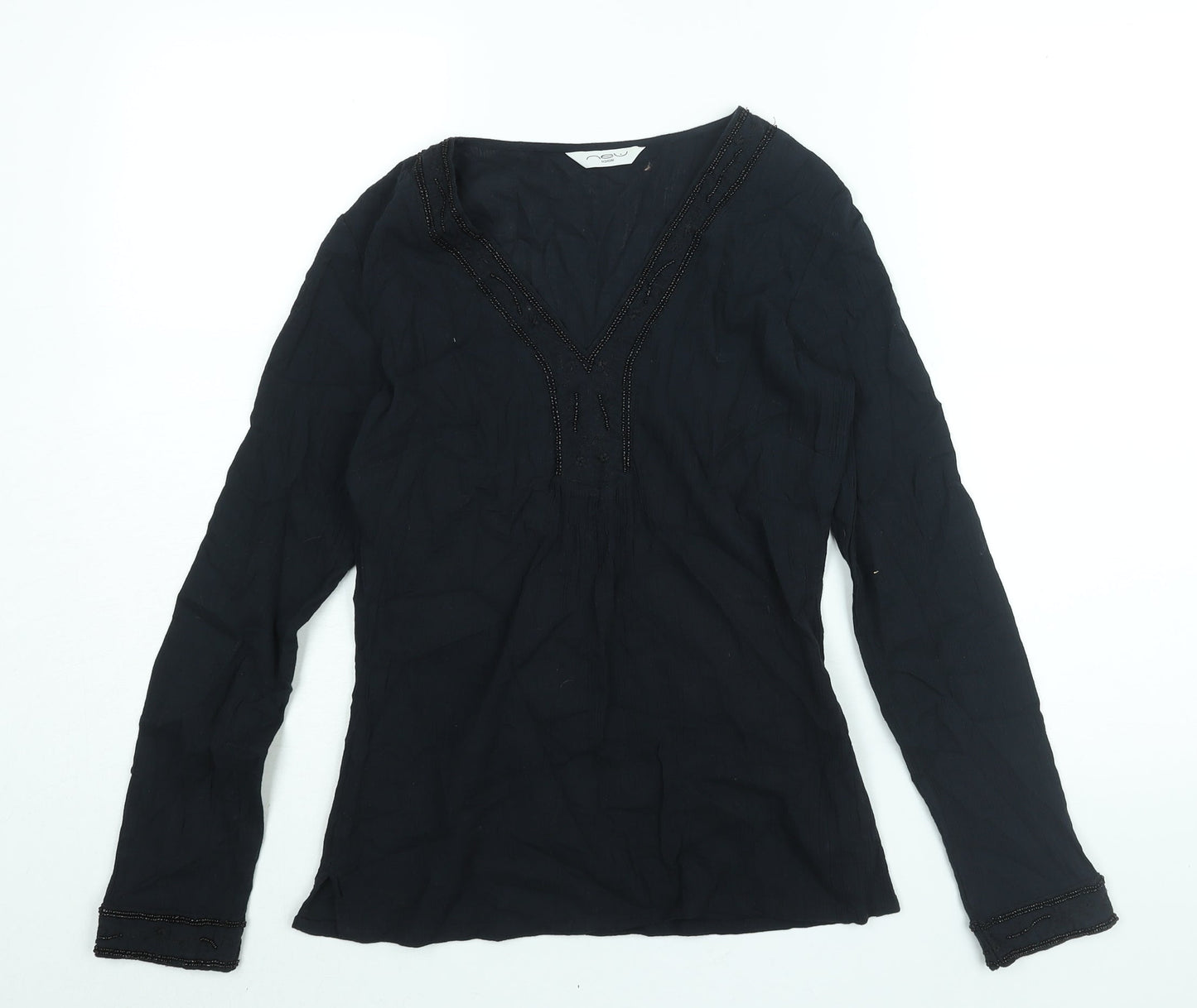 New Look Womens Black Cotton Basic Blouse Size 8 V-Neck - Beading Detail