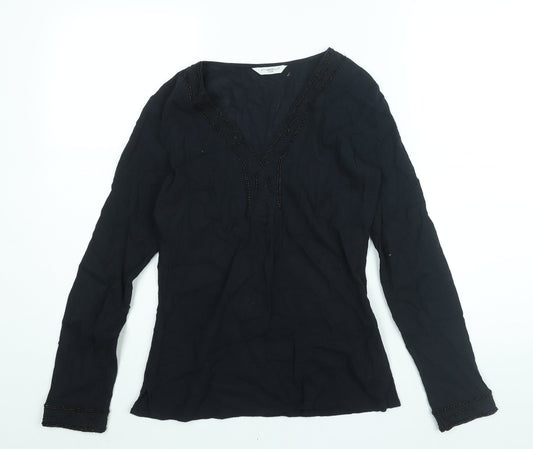 New Look Womens Black Cotton Basic Blouse Size 8 V-Neck - Beading Detail