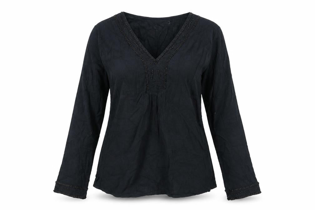 New Look Womens Black Cotton Basic Blouse Size 8 V-Neck - Beading Detail