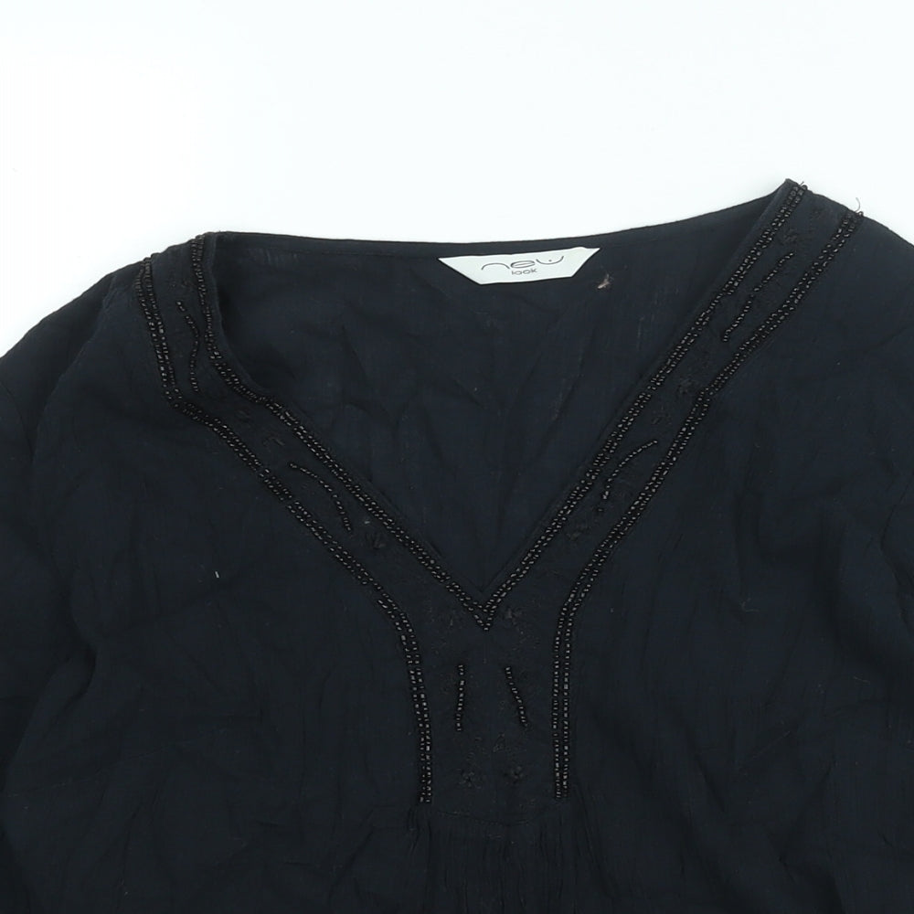 New Look Womens Black Cotton Basic Blouse Size 8 V-Neck - Beading Detail