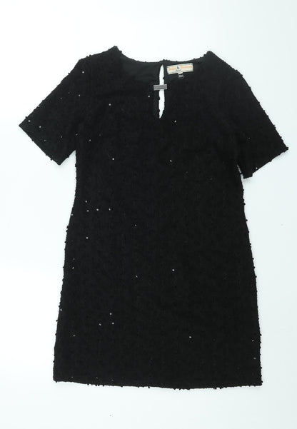 Dorothy Perkins Womens Black Polyester Mini Size 6 Round Neck Button - Textured Sequin