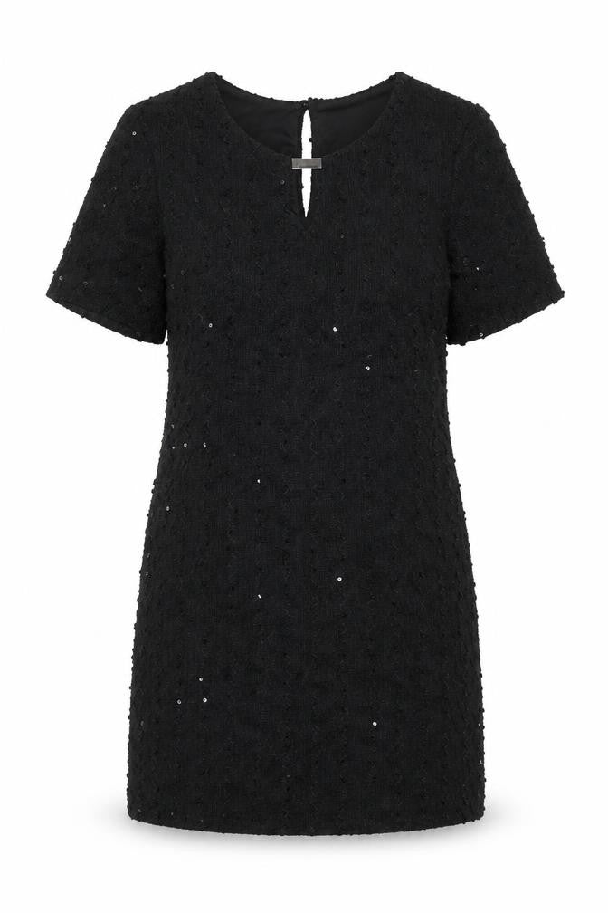 Dorothy Perkins Womens Black Polyester Mini Size 6 Round Neck Button - Textured Sequin