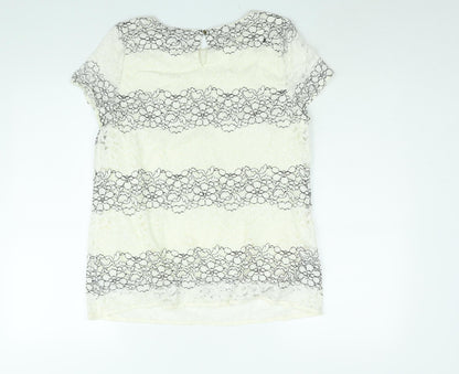Marks & Spencer Womens Ivory Floral Cotton Basic Blouse Size 14 Round Neck