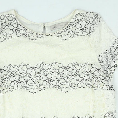 Marks & Spencer Womens Ivory Floral Cotton Basic Blouse Size 14 Round Neck