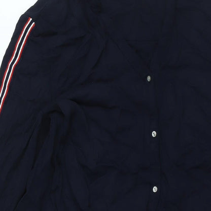 Close-up detail of ESPRIT women’s blue viscose shift, size UK 14, v-neck button - stripe sleeve