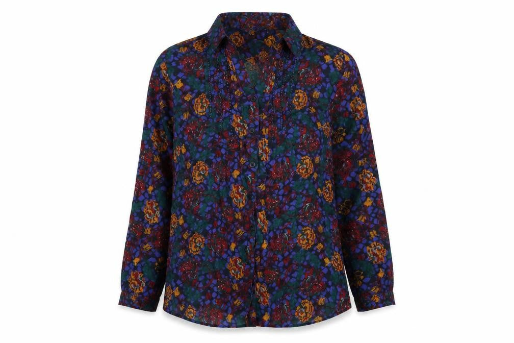 EWM Womens Multicoloured Floral Cotton Basic Button-Up Size 12 Collared - Beading Detail