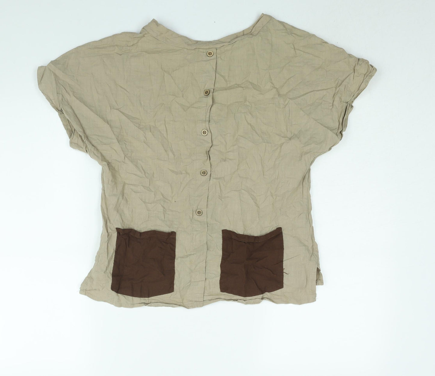Celmia Womens Brown Cotton Basic Blouse Size S Round Neck - Button Pocket