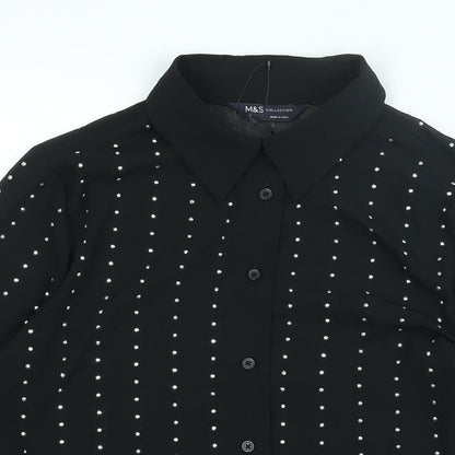 Marks & Spencer Womens Black Polyester Basic Button-Up Size 6 Collared - Studded
