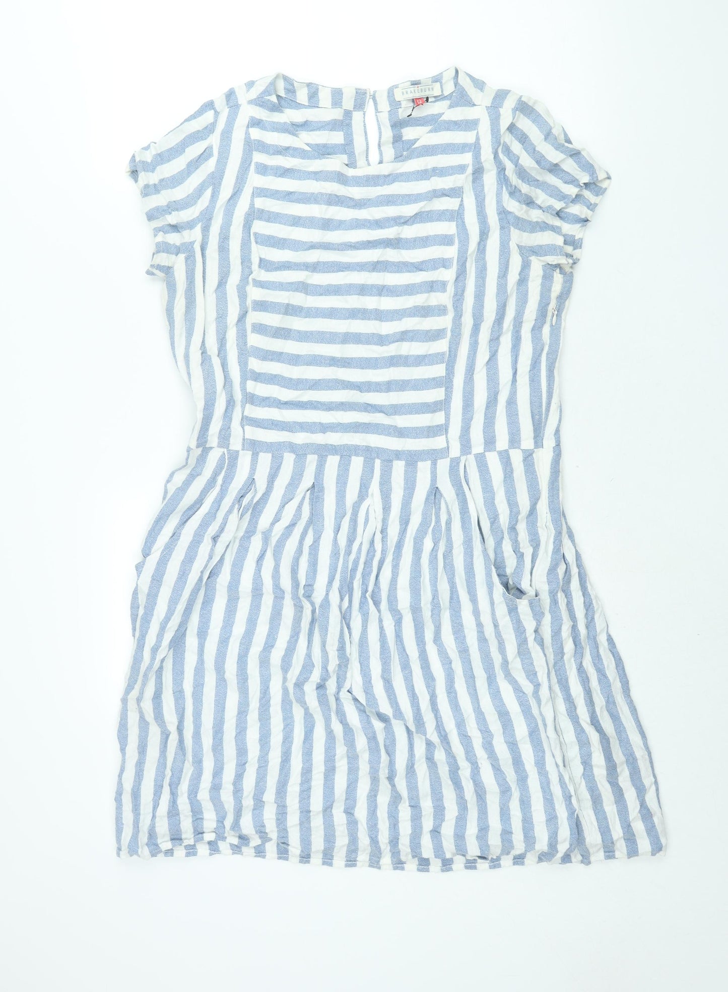 Brakeburn Womens Blue Striped Viscose Sheath Size 12 Round Neck Zip
