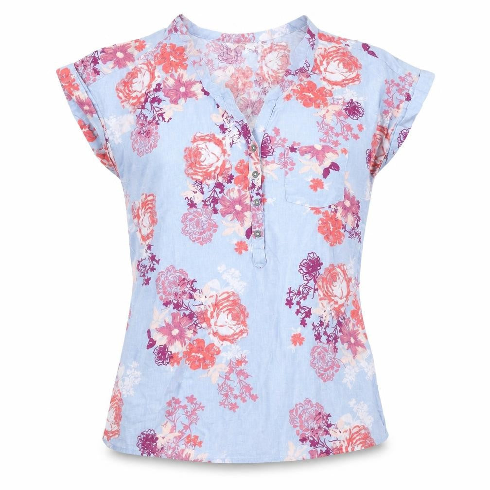 M&Co Womens Blue Floral Linen Basic Blouse Size 10 V-Neck