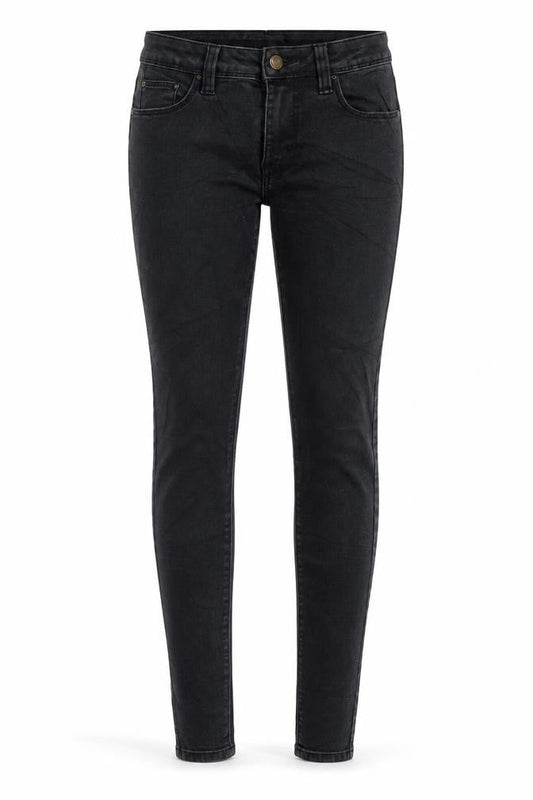 Front view of Denim & Co. women’s black cotton skinny jeans, size UK 8, 28-inch leg regular zip