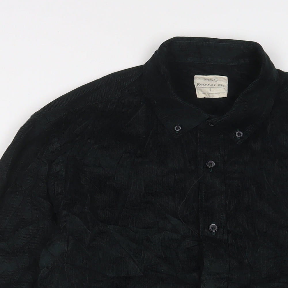 Marks and Spencer Mens Green Cotton Button-Up Size S Collared Button