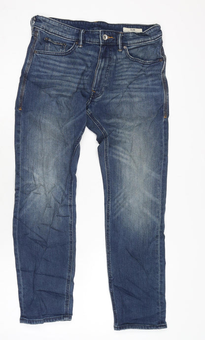 Marks & Spencer Mens Blue Cotton Blend Straight Jeans Size 2XS L29 in Regular Zip