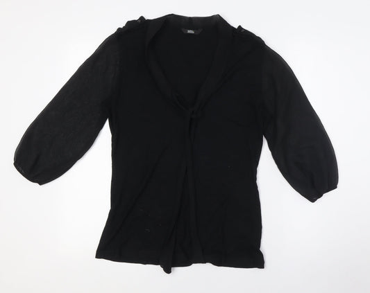 Marks and Spencer Womens Black Viscose Basic Button-Up Size 10 Mock Neck - Tie Neck