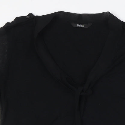 Preloved Marks and Spencer Womens Black Viscose Basic Button-Up Size 10 Mock Neck - Tie Neck - Detail