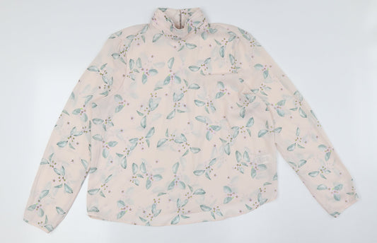 Marks and Spencer Womens Pink Floral Polyester Basic Button-Up Size 16 Mock Neck