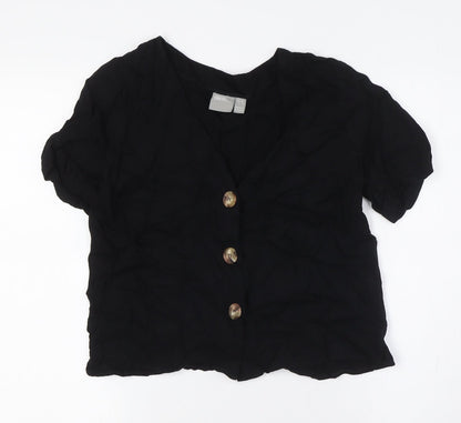 Additional front view of ASOS women’s black viscose basic button-up, size UK 6, v-neck