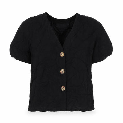 Front view of ASOS women’s black viscose basic button-up, size UK 6, v-neck