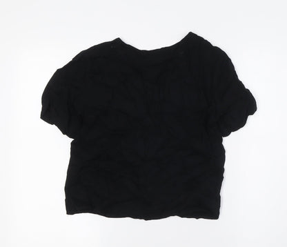 Back view of ASOS women’s black viscose basic button-up, size UK 6, v-neck