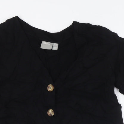 Close-up detail of ASOS women’s black viscose basic button-up, size UK 6, v-neck