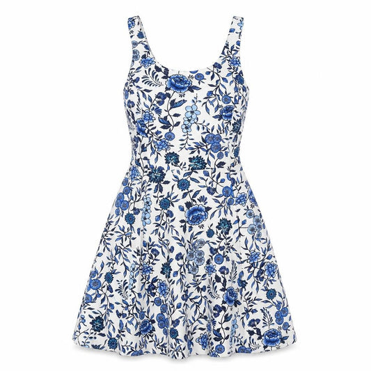 Divided by H&M Womens White Floral Polyester A-Line Size 6 Scoop Neck - Blue Flowers