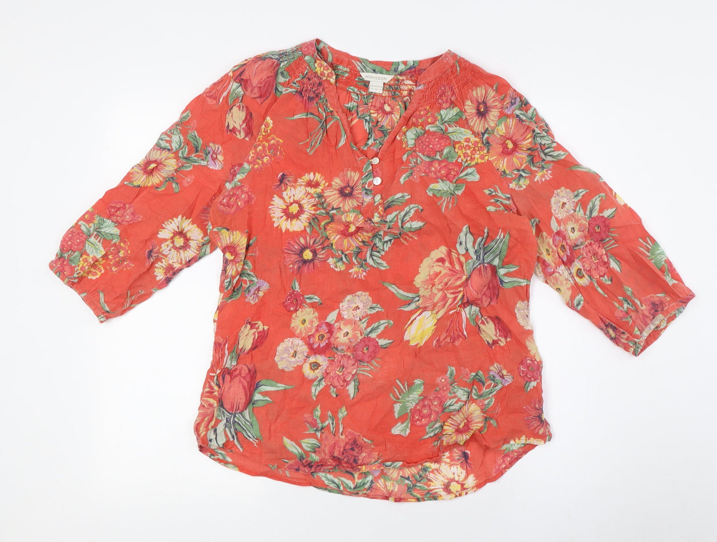 Monsoon Womens Orange Floral Cotton Basic Button-Up Size 12 V-Neck