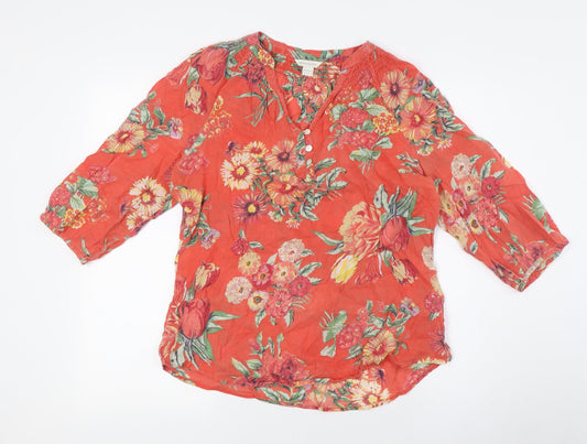 Monsoon Womens Orange Floral Cotton Basic Button-Up Size 12 V-Neck