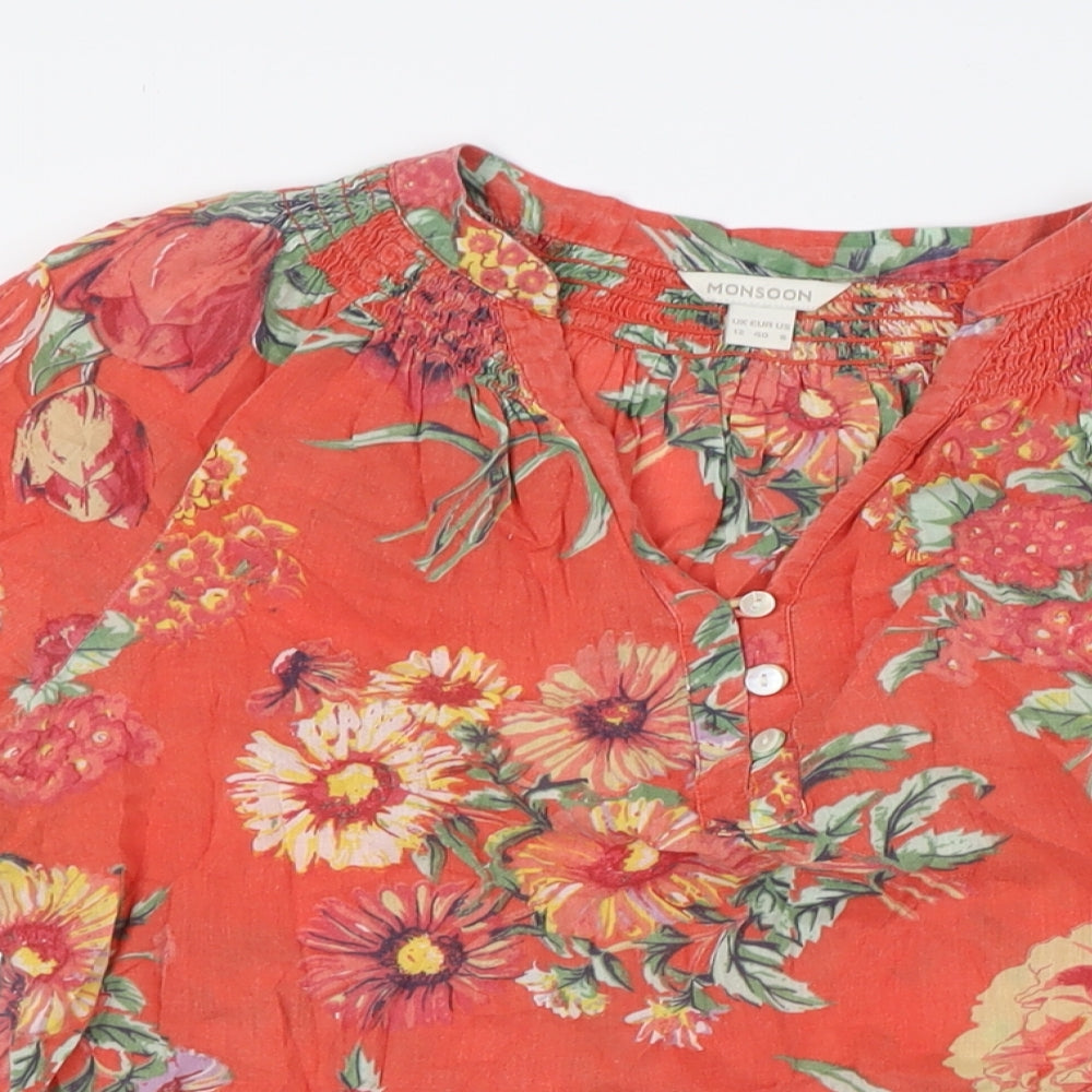 Monsoon Womens Orange Floral Cotton Basic Button-Up Size 12 V-Neck