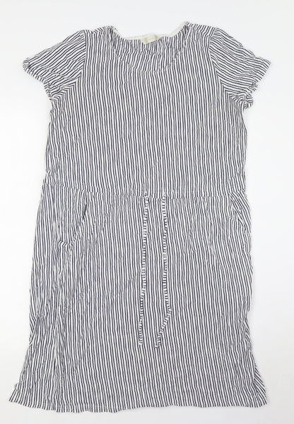 BHS Womens White Striped Cotton A-Line Size 12 Round Neck - Pull Waist