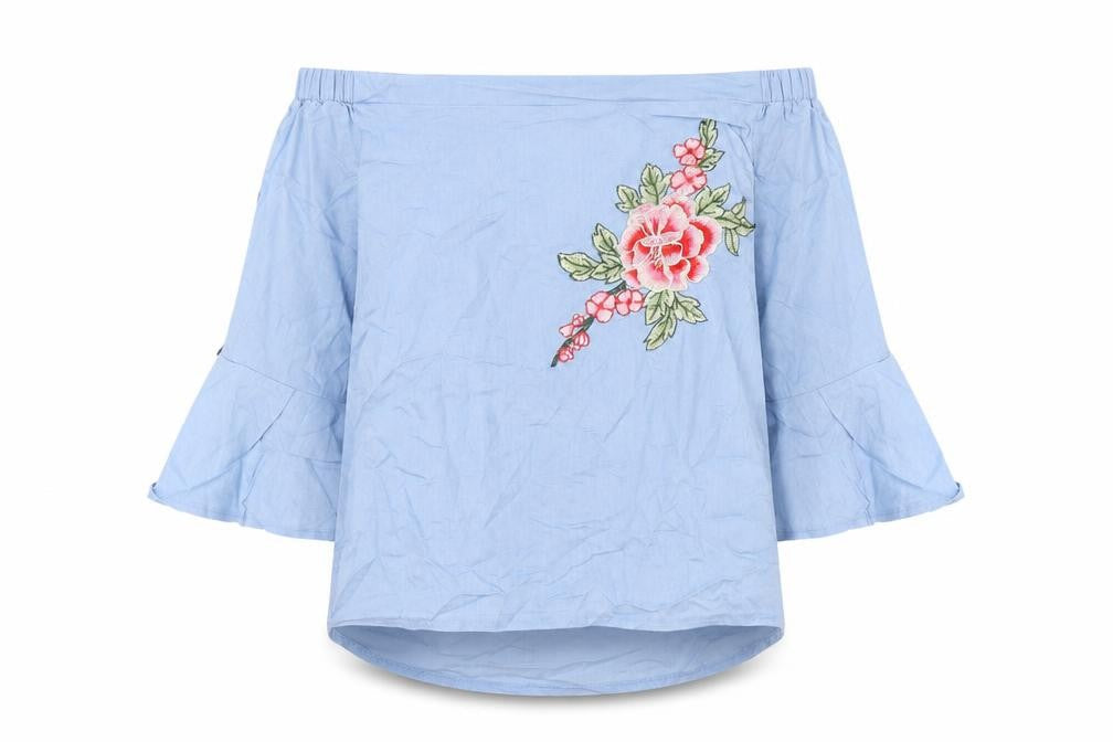 Stella Womens Blue Cotton Basic Button-Up Size 10 Off the Shoulder - Embroidery