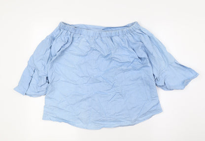 Stella Womens Blue Cotton Basic Button-Up Size 10 Off the Shoulder - Embroidery