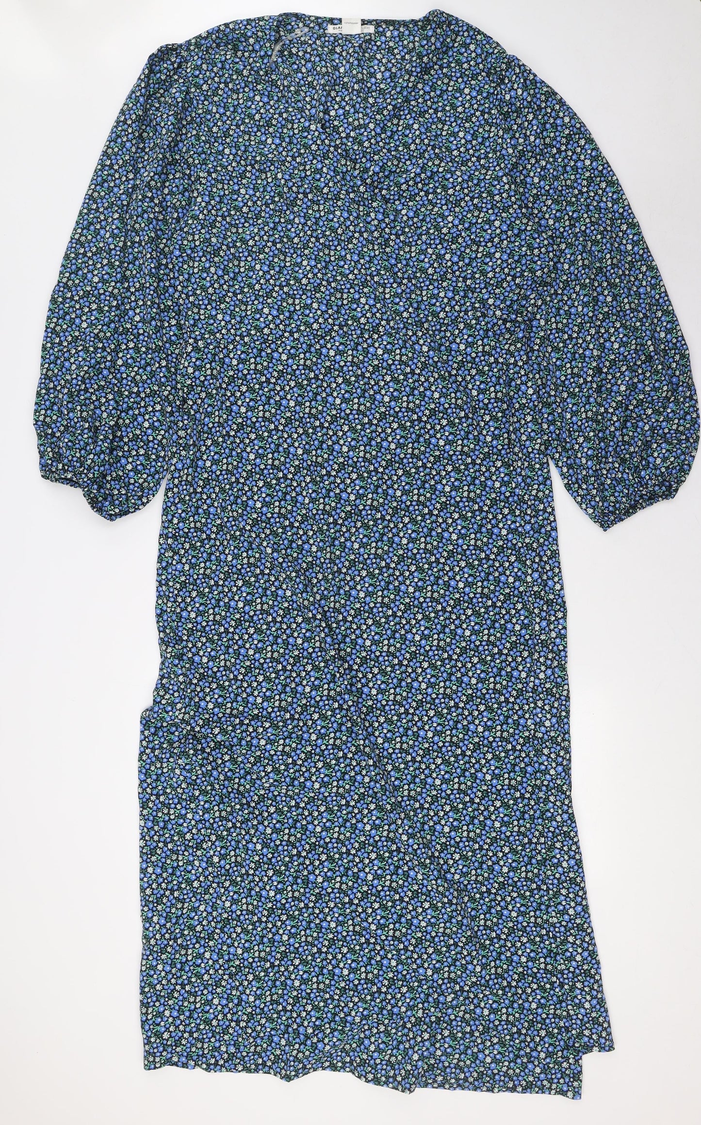 Glamourous Curve Womens Blue Floral Polyester Wrap Dress Size 24 V-Neck Tie