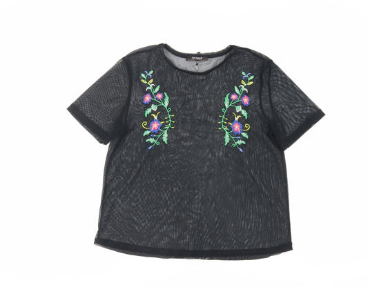 Zara Womens Black Polyester Basic T-Shirt Size S Crew Neck - Embroidered Sheer