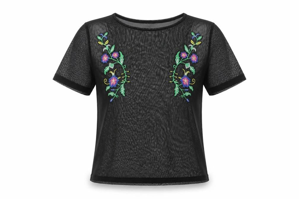 Zara Womens Black Polyester Basic T-Shirt Size S Crew Neck - Embroidered Sheer