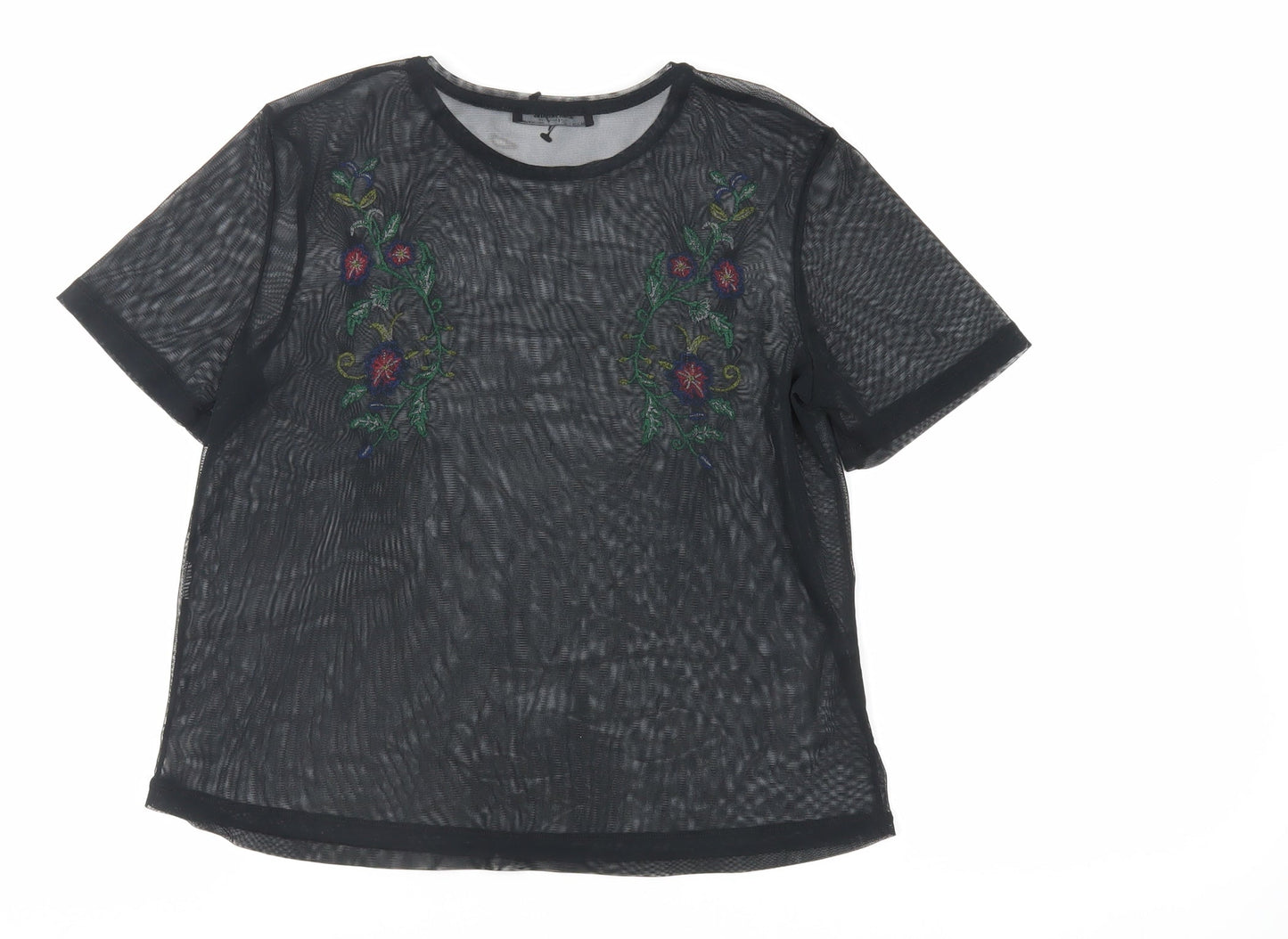Zara Womens Black Polyester Basic T-Shirt Size S Crew Neck - Embroidered Sheer