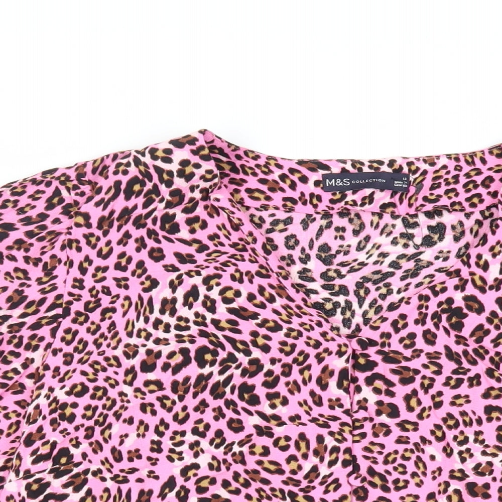 Marks and Spencer Womens Pink Animal Print Viscose Basic Button-Up Size 12 V-Neck