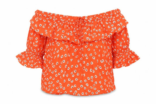 Ganni Womens Red Floral Viscose Basic Blouse Size 14 Off the Shoulder - Ruffle