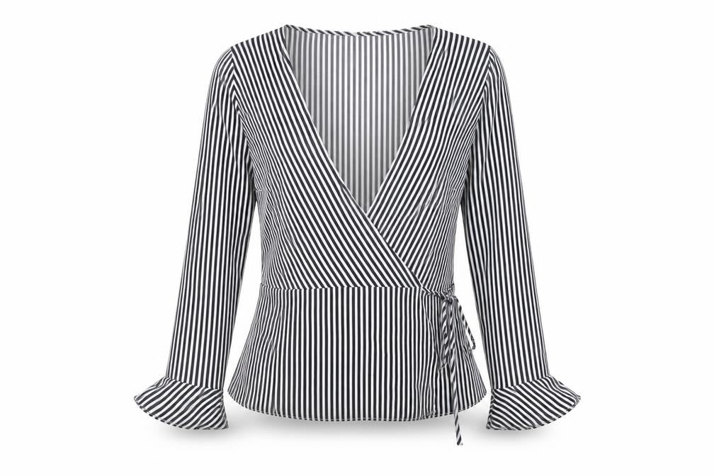 Divided by H&M Womens Black Striped Polyester Wrap Blouse Size 10 V-Neck