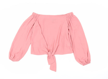 New Look Womens Pink Polyester Cropped Blouse Size 8 Off the Shoulder - Tie Front