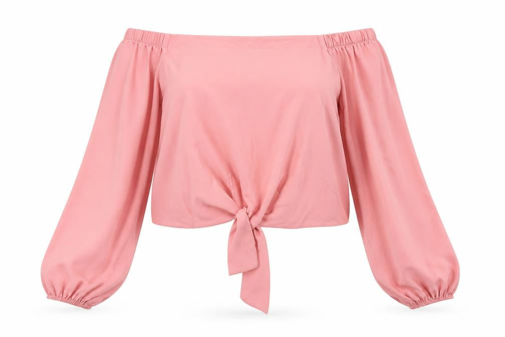 New Look Womens Pink Polyester Cropped Blouse Size 8 Off the Shoulder - Tie Front