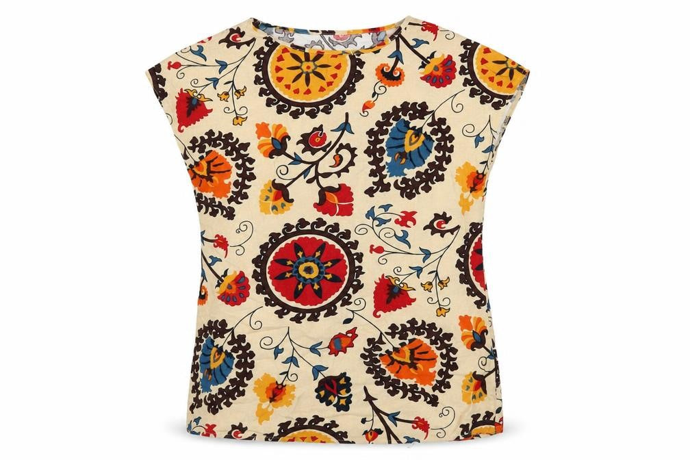 Emery Rose Womens Beige Paisley Cotton Basic Blouse Size L Boat Neck