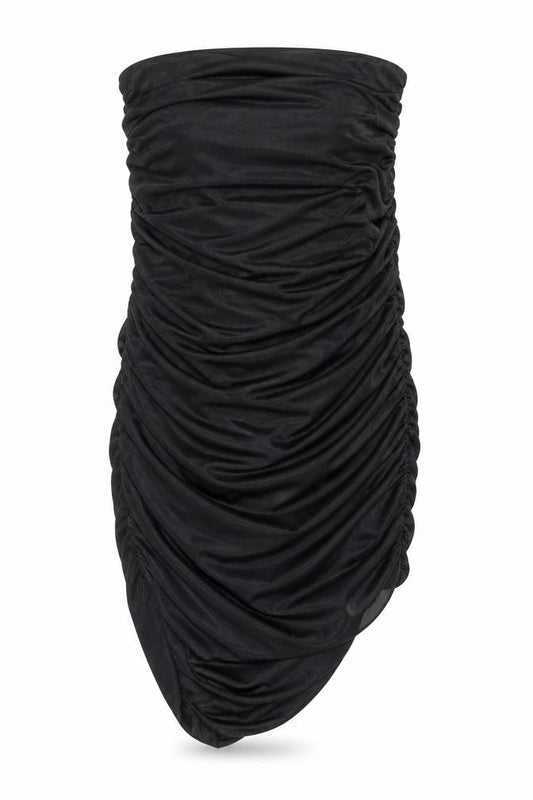 Front view of Missguided women’s black polyester bodycon, size UK 10, off the shoulder pullover - ruched strapless