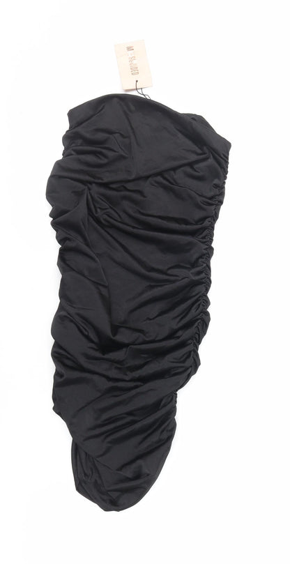 Back view of Missguided women’s black polyester bodycon, size UK 10, off the shoulder pullover - ruched strapless