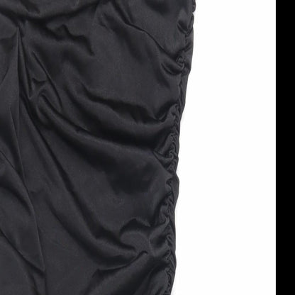 Brand and care label for Missguided women’s black polyester bodycon, size UK 10, off the shoulder pullover - ruched strapless