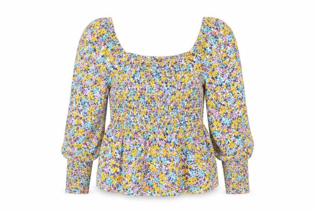 Marks & Spencer Womens Multicoloured Floral Cotton Basic Blouse Size 6 Square Neck - Shirred