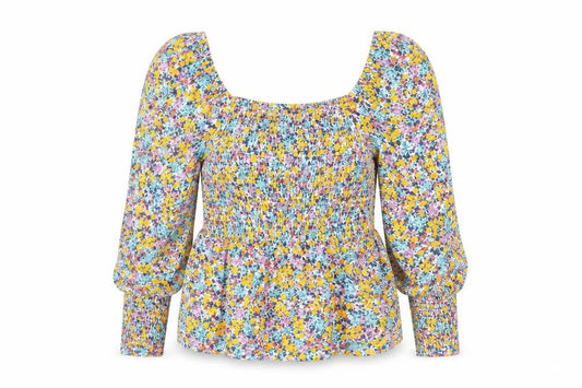 Marks and Spencer Womens Multicoloured Floral Cotton Basic Blouse Size 6 Square Neck - Shirred