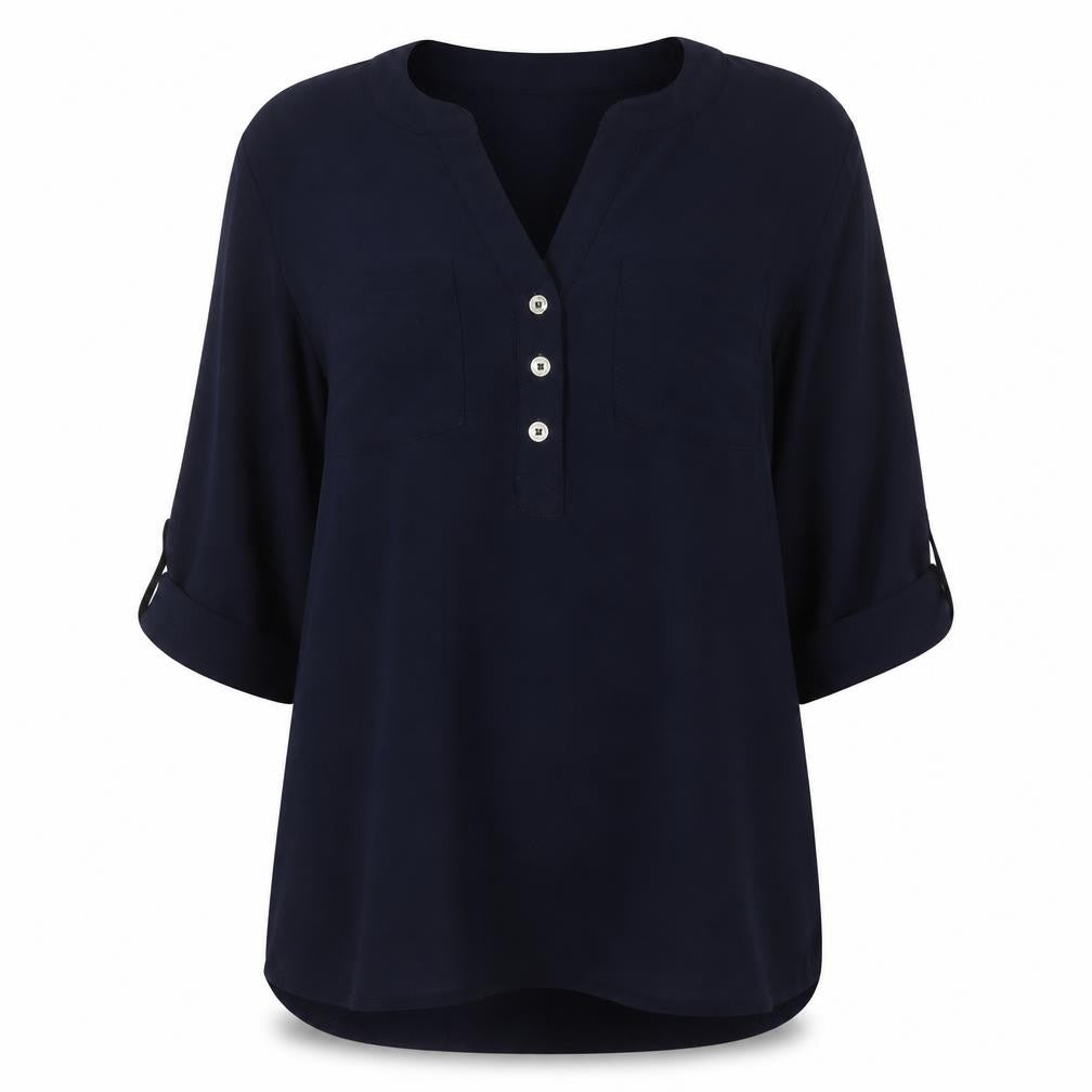 Anna Klein Womens Blue Polyester Tunic Blouse Size L V-Neck