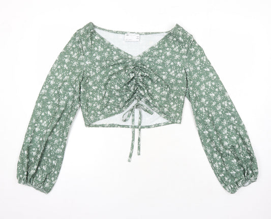 ASOS Womens Green Floral Polyester Cropped Blouse Size 12 Scoop Neck